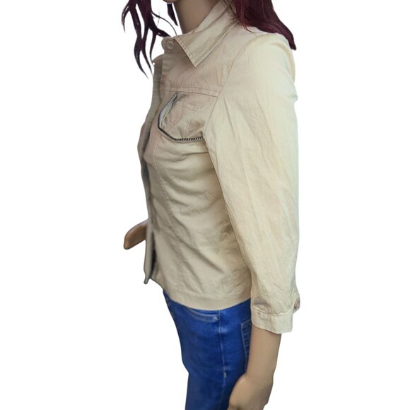 Modern Vintage Button Down Khaki Shirt with Zipper Detail Size XS - Picture 3 of 9